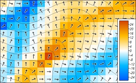 Real landscape example with contour lines and arrows indicating aspect direction